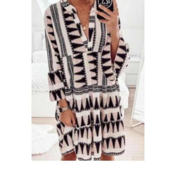 Dresses & Skirts - HP DRESS Geometric Print V Neck Ruffle Swing Mini